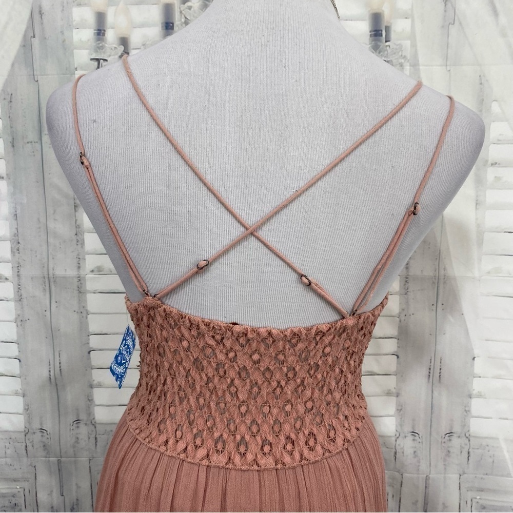 Free People Medium Crochet Lace Maxi Slip Dress Rose Pink Strappy Back Gauze NWT - Picture 13 of 13